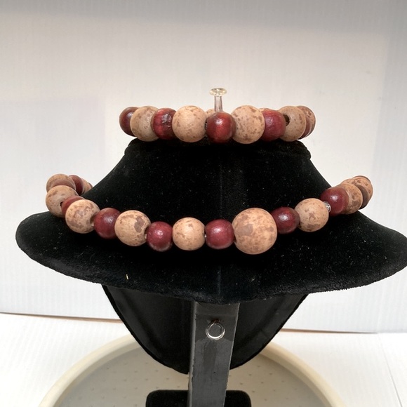 Cork and Wood Beaded Stretchy Necklace and Bracelet Cranberry Red and Cork Set - Picture 4 of 9
